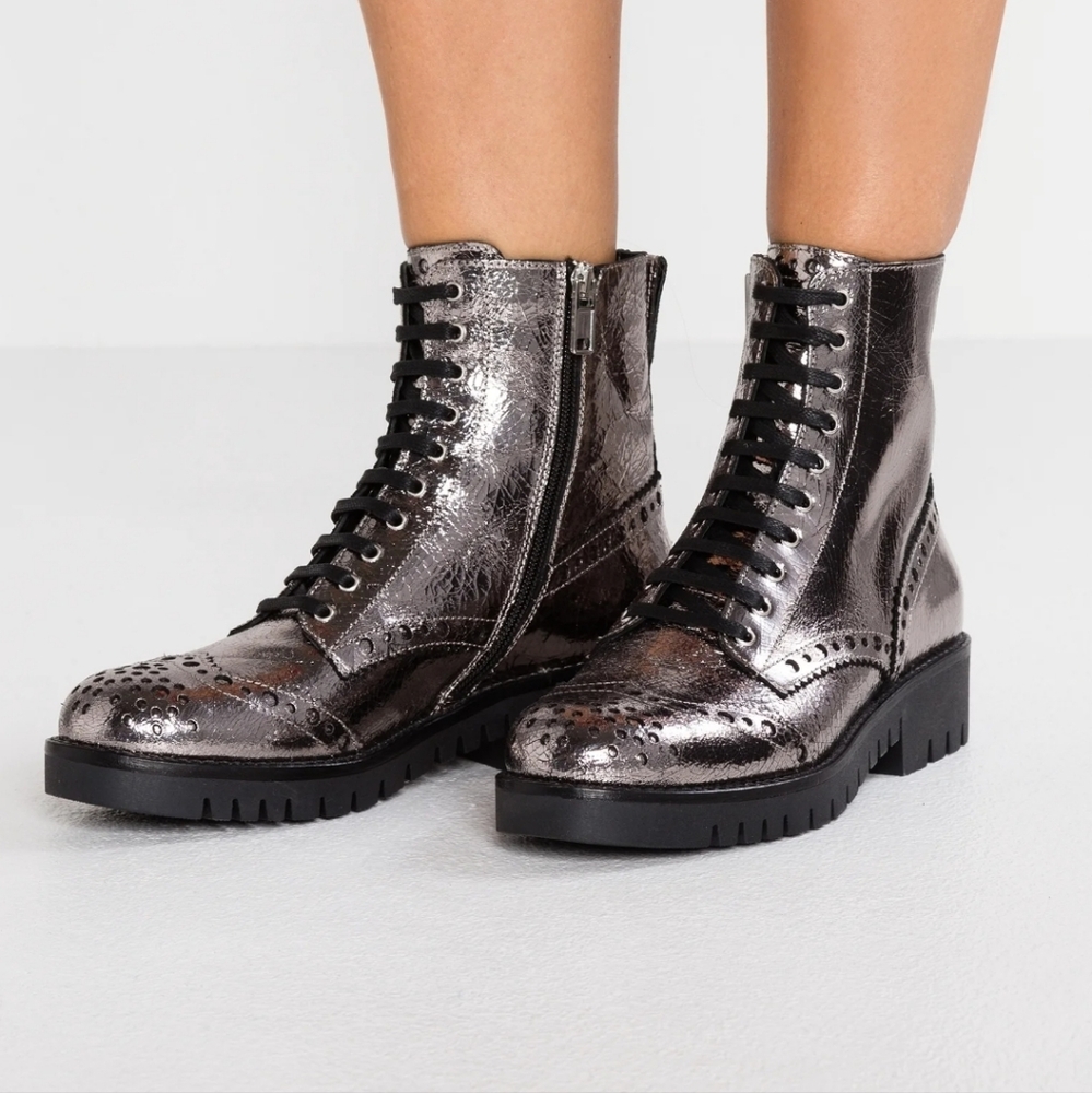Silver Lace-Up Combat Boots